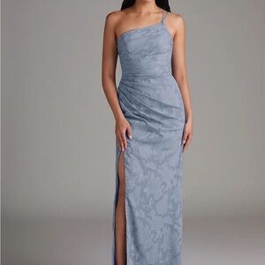 Azazie One-Shoulder Dusty Blue Floral Gown